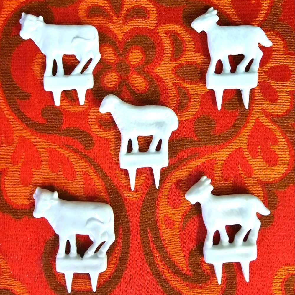 5 Vintage Porcelain Garden Markers Cows, Goats & a Sheep